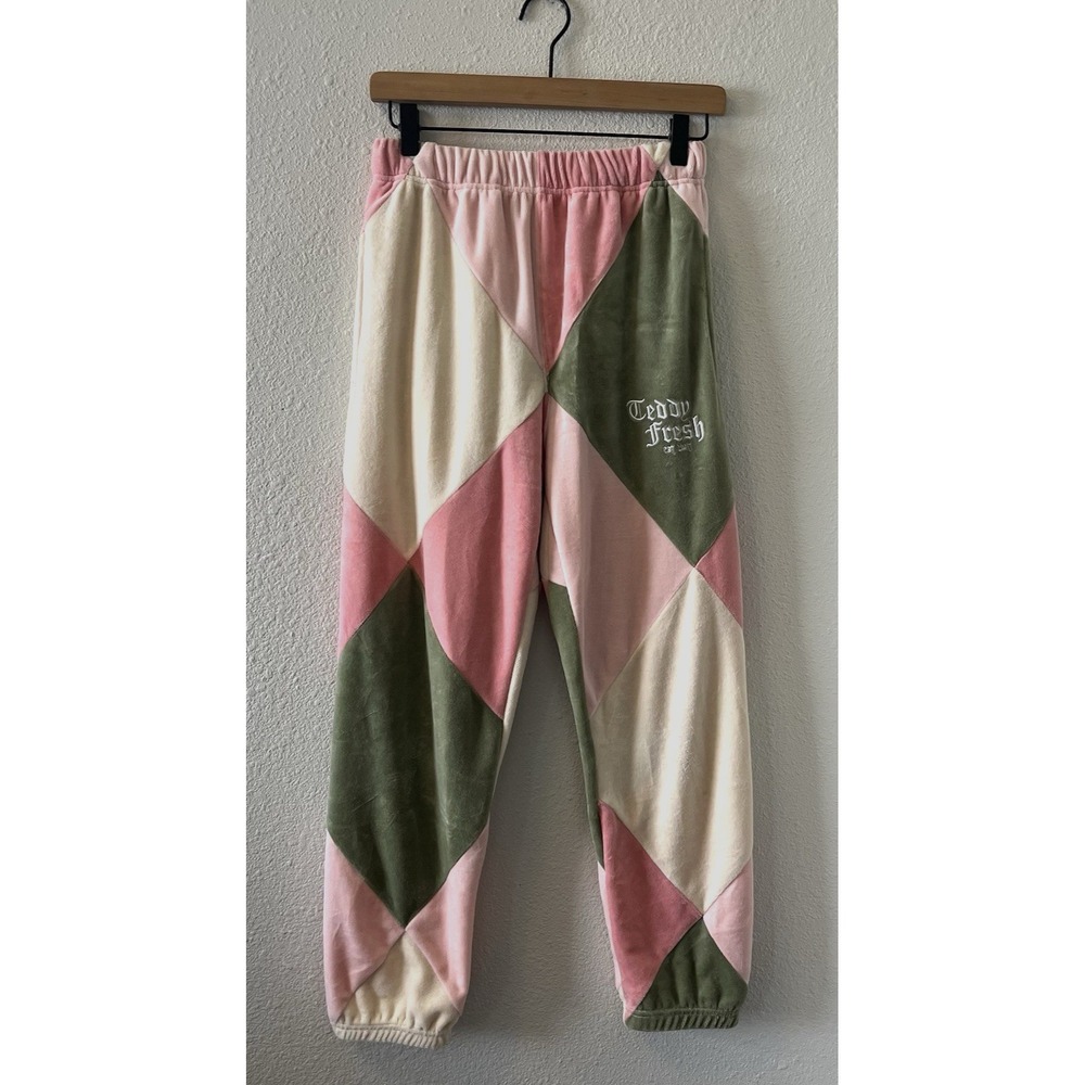 Teddy Fresh Velour Jogger Pants Size Small Argyle Patchwork Pink Green Colorful
